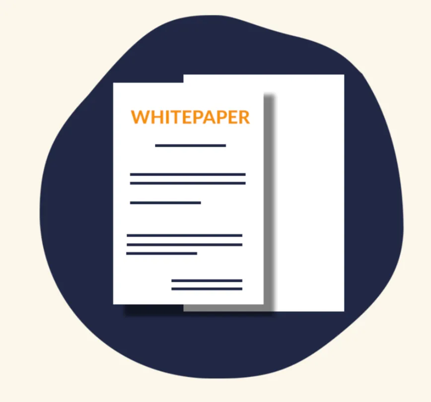Illustration of a whitepaper document with text lines on a dark blue abstract background.