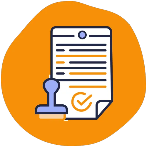 Document with a checkmark stamp indicating approval on an orange circular background.