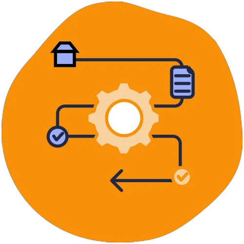 Diagram with a central gear icon connected by lines to icons of a house, a document, and two check marks on an orange background.