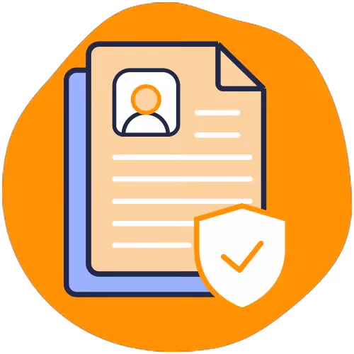 Icon of stacked documents with a user profile image and a shield with a checkmark in front, symbolizing secure personal data.