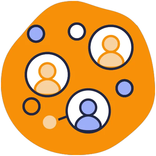 Orange circular background with interconnected avatars icons representing people in blue and beige colors.