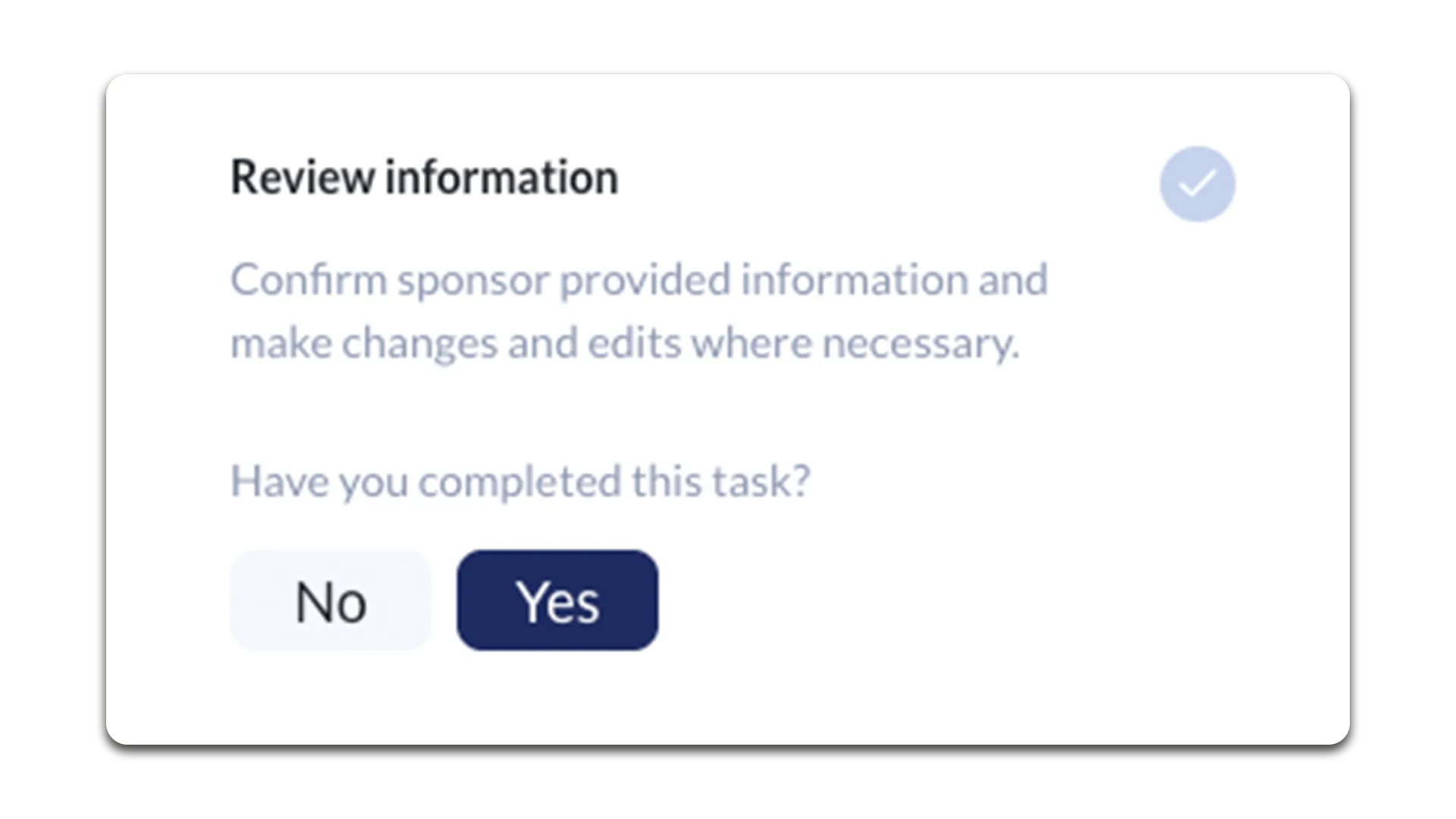 Task prompt to review sponsor information with options to confirm completion by selecting Yes or No.