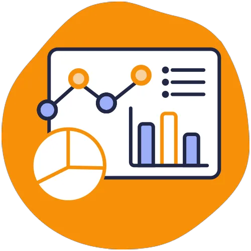 Icon of data analytics showing a line graph, bar chart, and pie chart on an orange background.