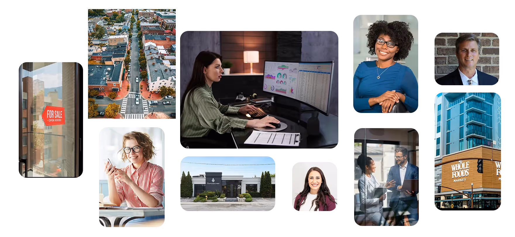 Collage featuring diverse professionals, urban and commercial buildings, a for sale sign, and people collaborating and working with data on computer screens.