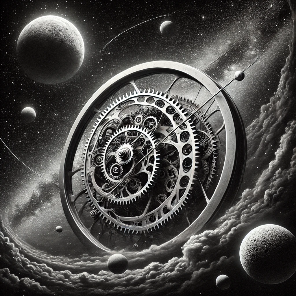 DALL·E 2025-02-18 15.40.05 - Un engranaje en colores blanco y negro, ubicado en un escenario surrealista donde se puede ver el cielo estrellado o el espacio exterior con planetas .webp