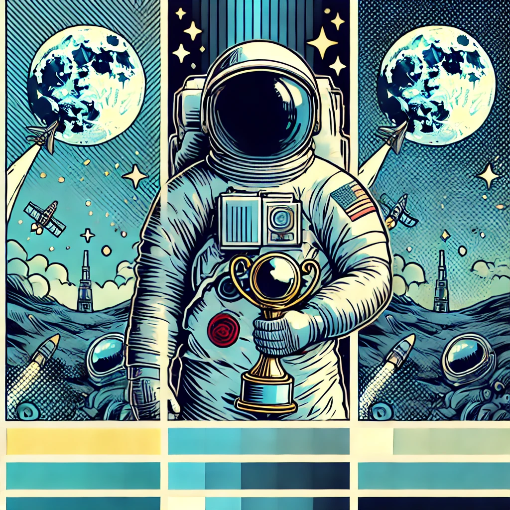 DALL·E 2025-12-04 17.49.58 - A simplified comic-style space scene with the astronaut holding a trophy, but using a much more restrained and minimal color palette. Reduce visual sa.webp