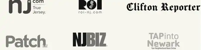 Logos from publications that have written about Gateway U NJ.com, ROI-nj.com, Clifton Reporter, Patch, NJBIZ, TAP into Newark