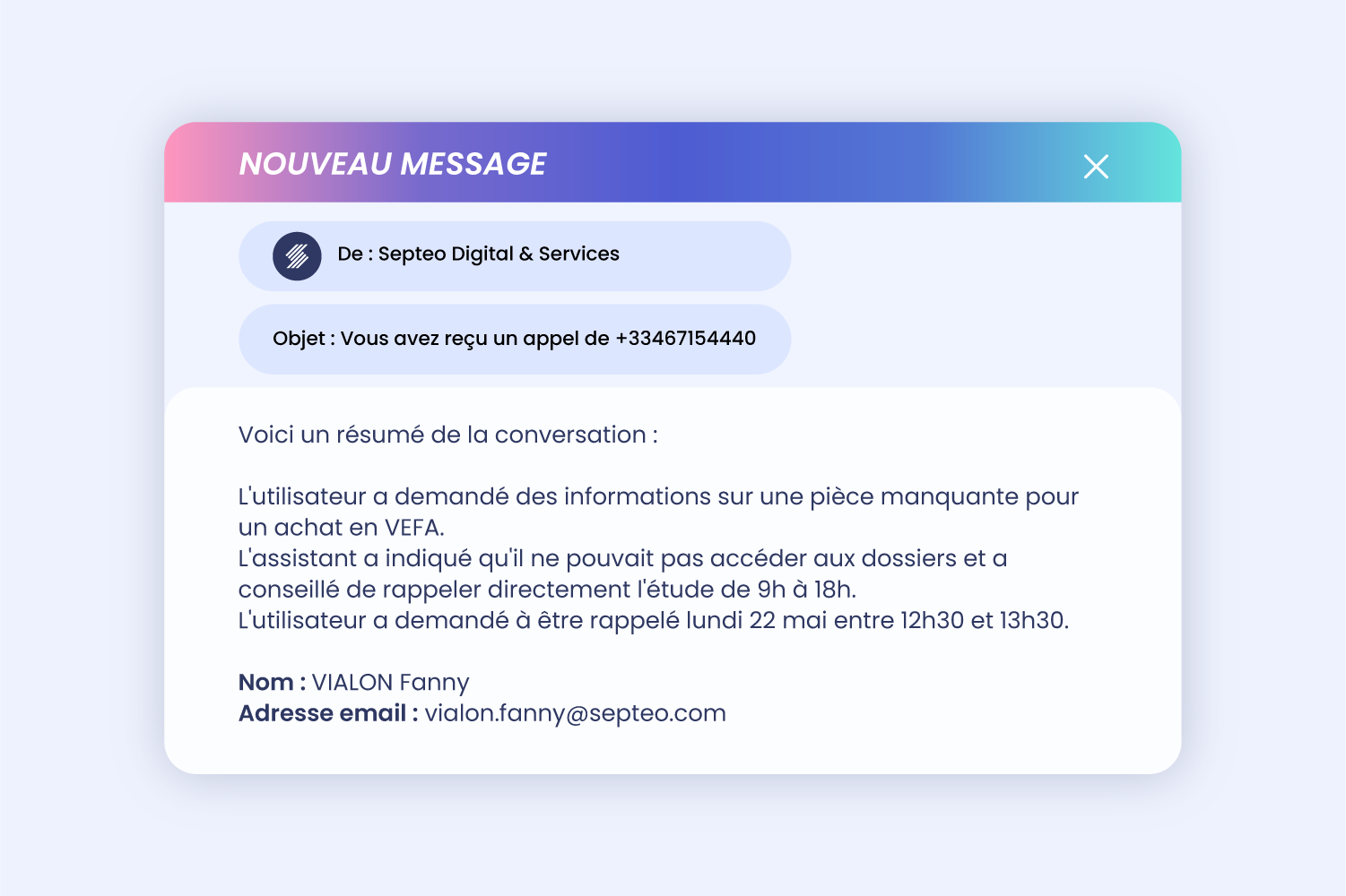 Résumé d'un message callbot AI Callbot by Digital Assistant