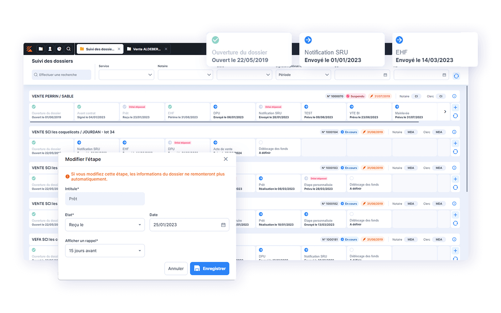 Suivi d'avancement du dossier