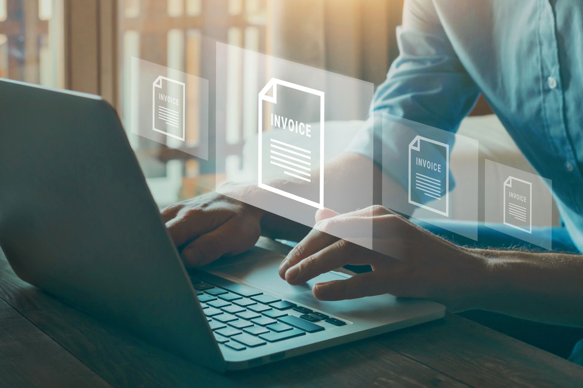 un clavier d'ordinateur avec des illustrations de factures numériques