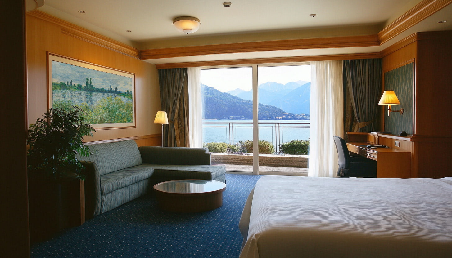 Chambre junior suite spacieuse avec balcon, vue sur lac et montagnes, coin salon et bureau.