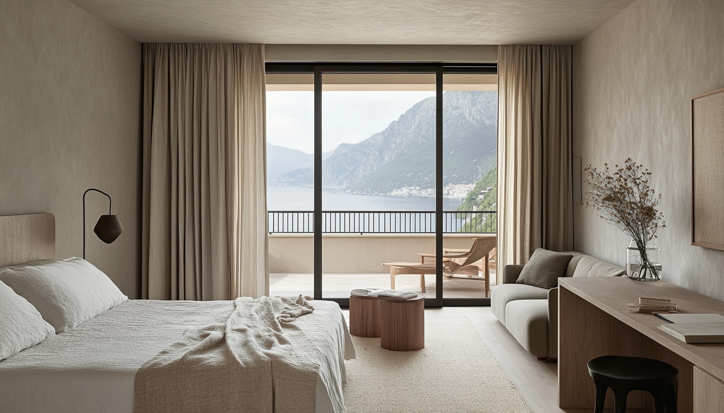 Suite moderne avec lit double, terrasse et vue panoramique sur mer et montagnes