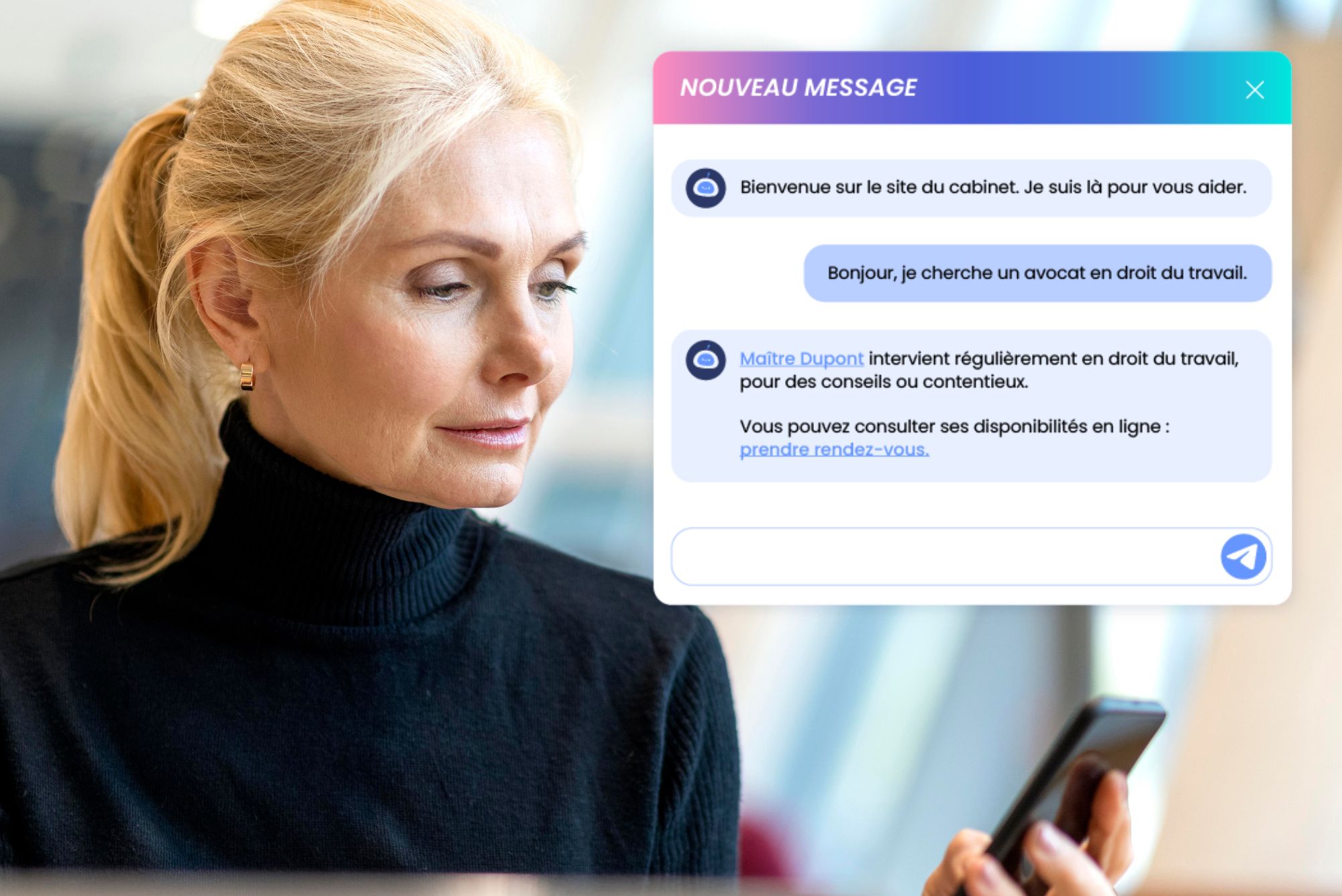 femme sur son téléphone affiche de chatbot pour avocats