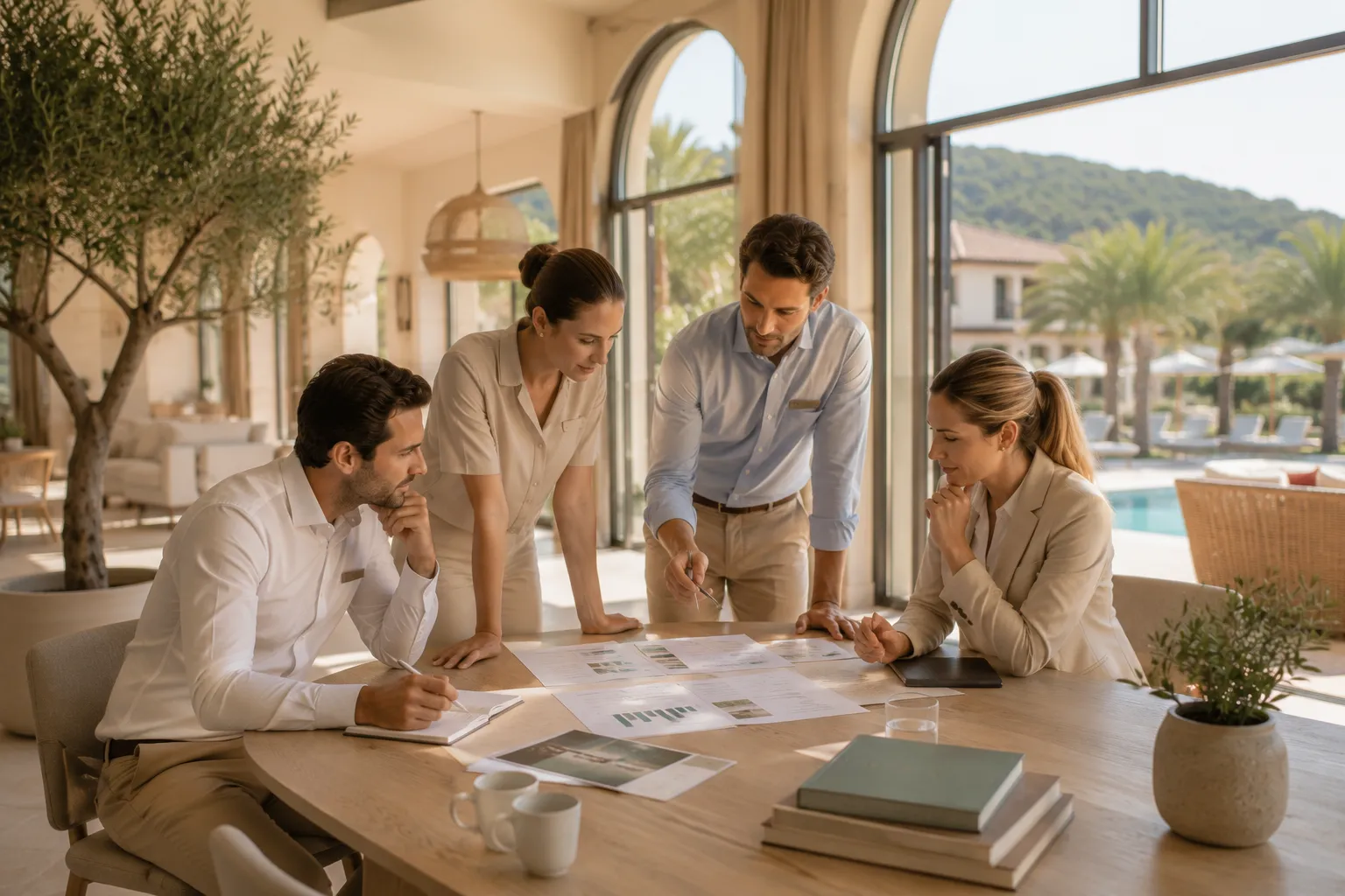 Directeur d'hôtel analysant les données de saison sur un tableau de bord PMS