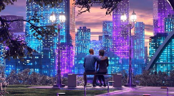Stylized 3D Couple Watching Cityscape Filled with Energy