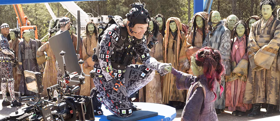 A production still from 'The Avengers: Infinity War' of Josh Brolin wearing a motion capture suit while playing his 3D character, Thanos.