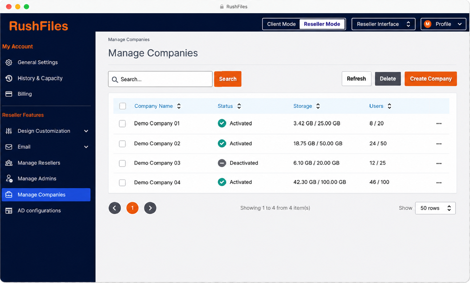 RushFiles reseller platform showing separate customer environments