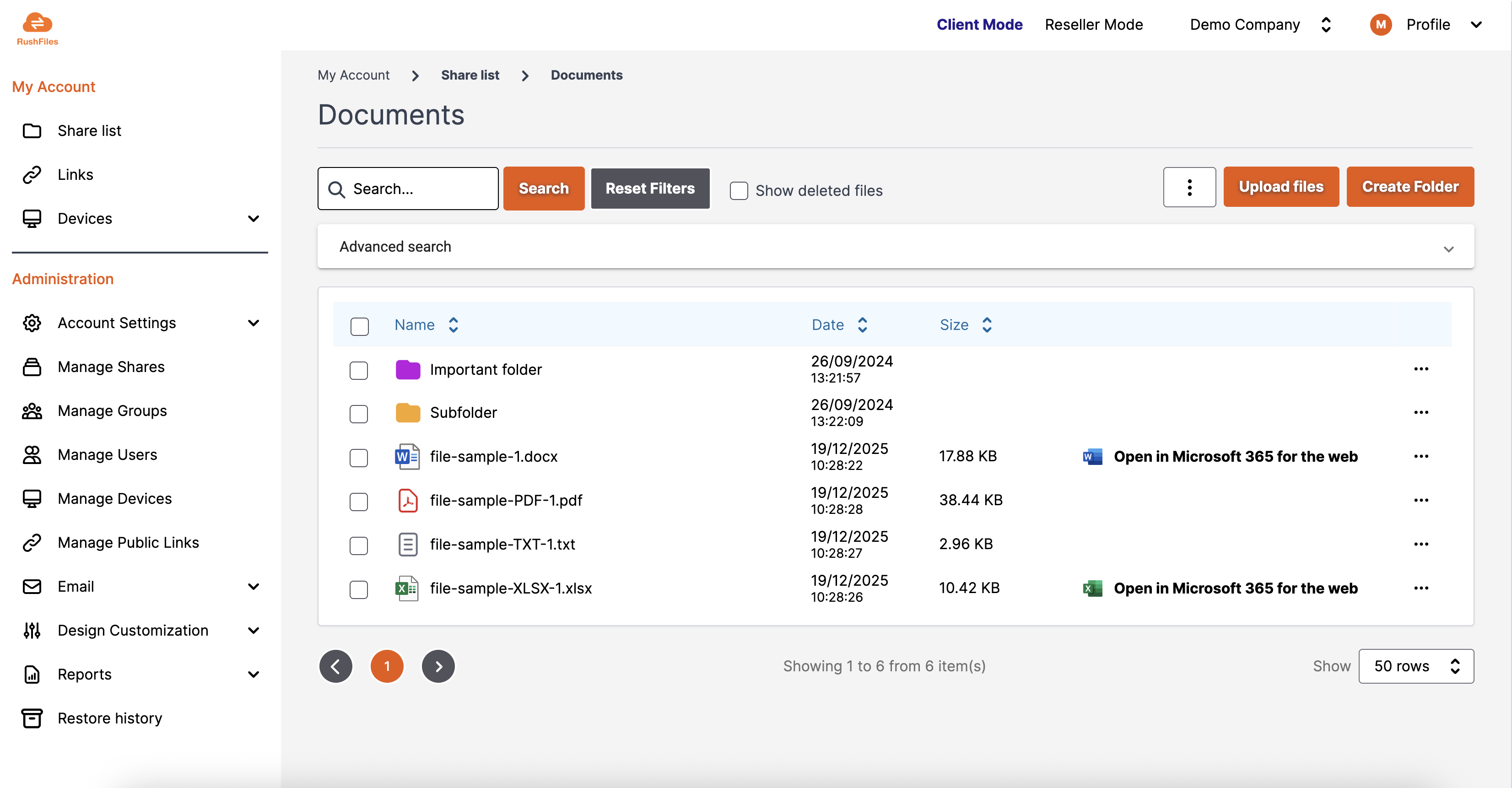  RushFiles file sharing interface showing folders, permissions, and file access controls
