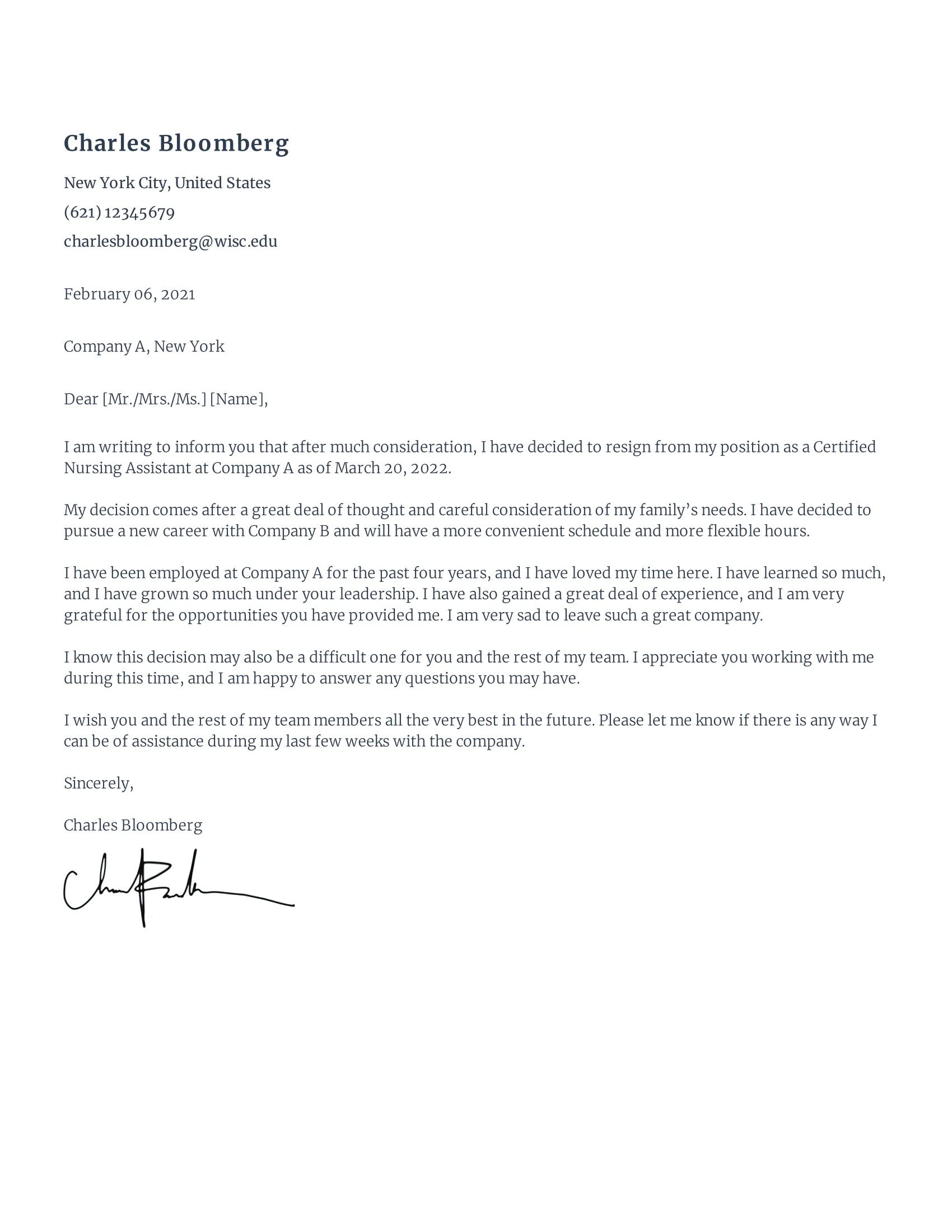 Certified Nursing Assistant (CNA) Resignation Letter Sample 2024 