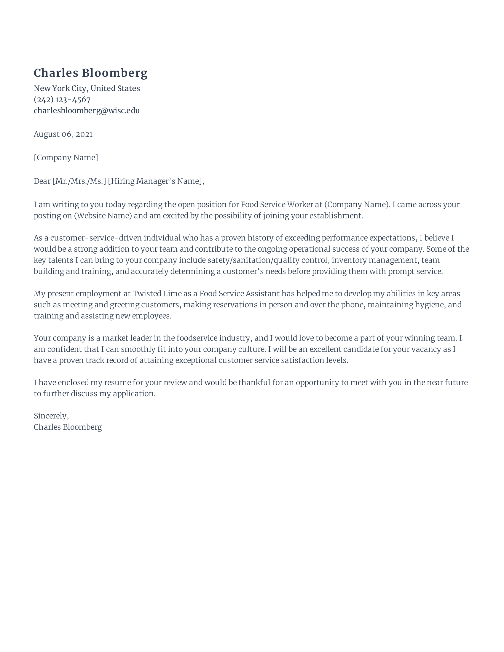 The Best Free Wait Staff (Entry Level) Cover Letter Sample - Rezi