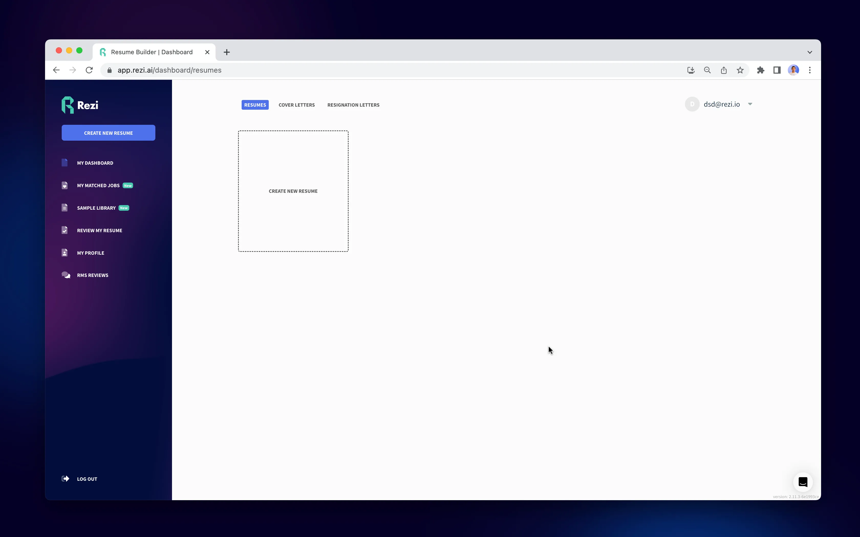 create a new resume from rezi dashboard
