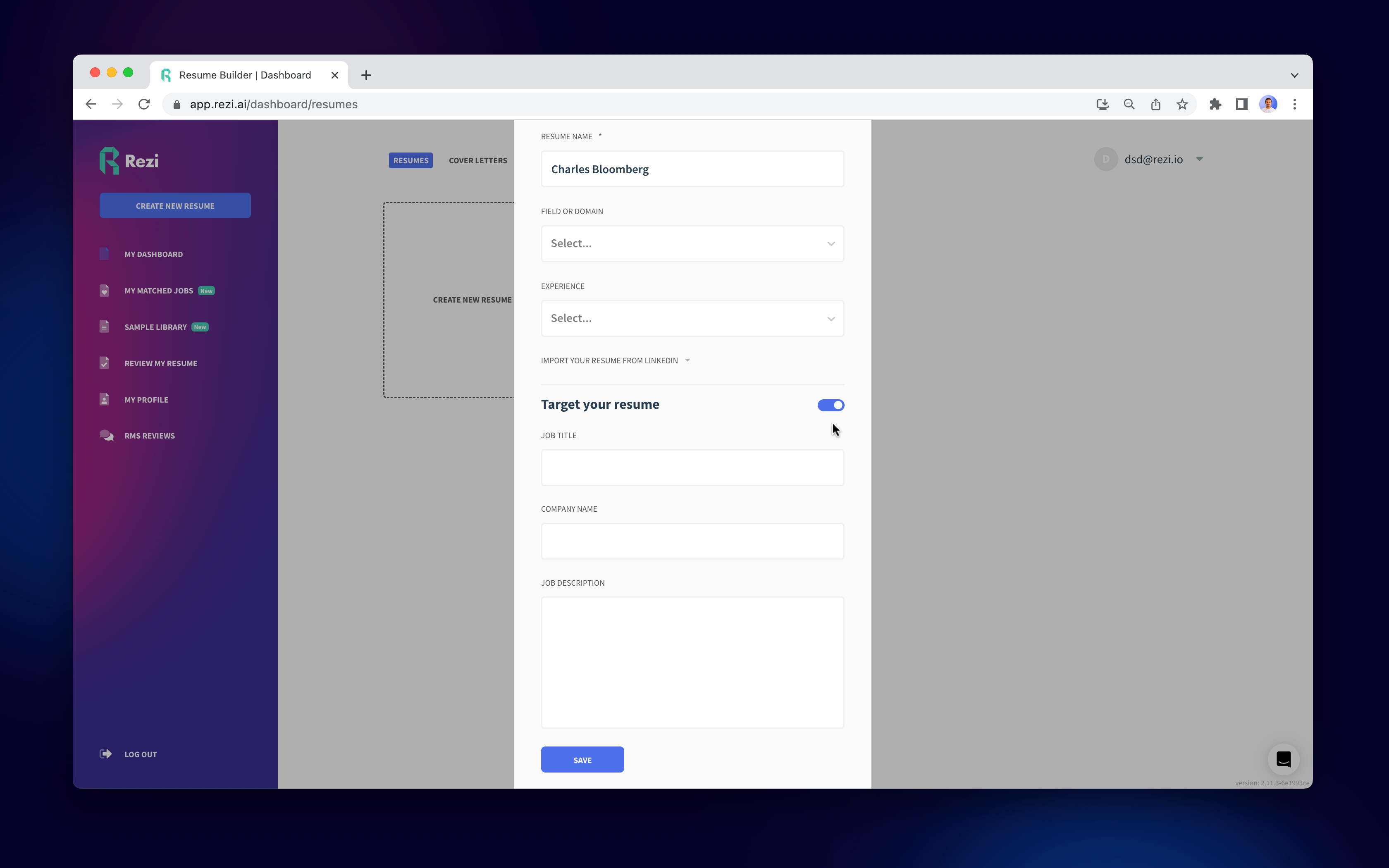 toggle target your resume button