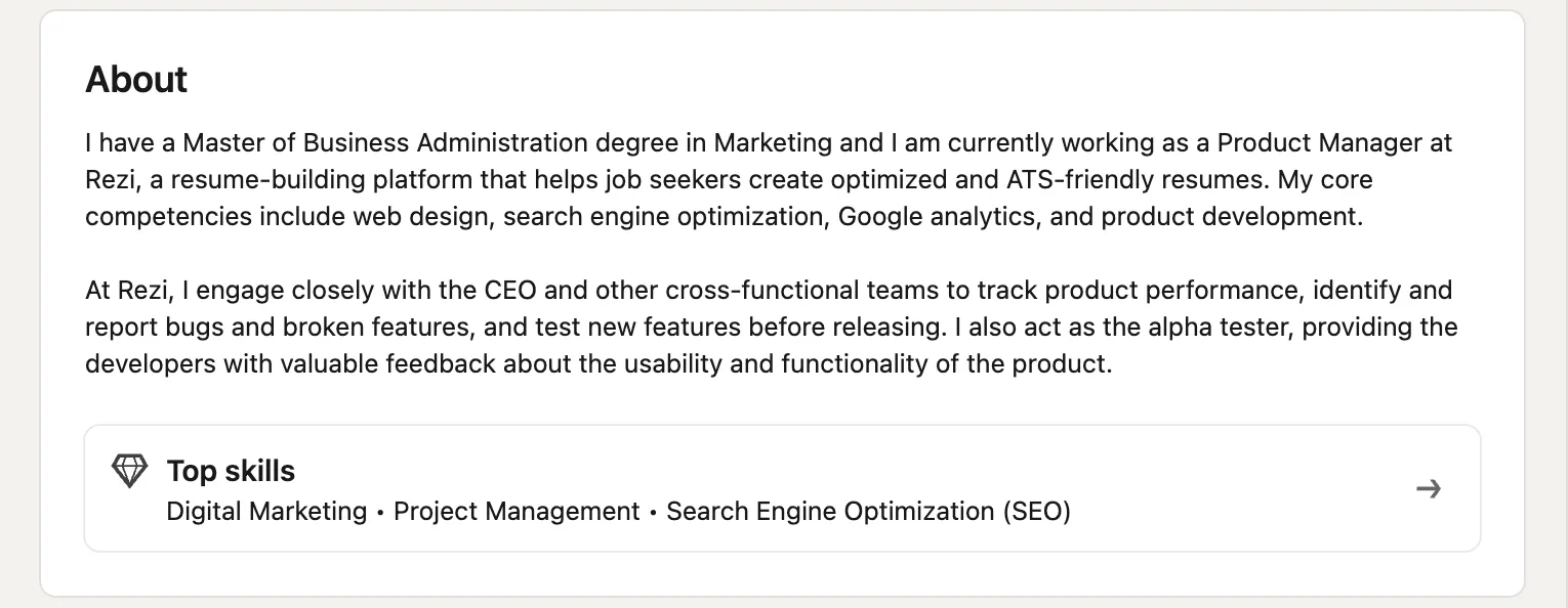 LinkedIn About Section Example