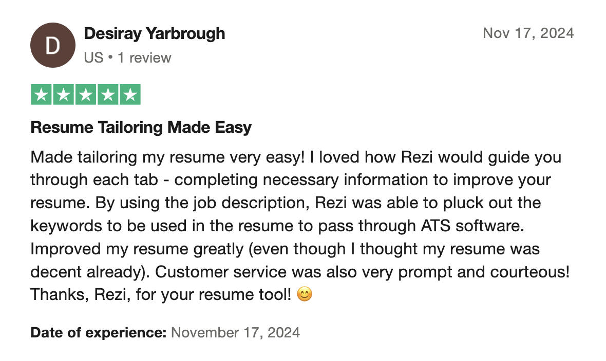 Rezi review on trustpilot