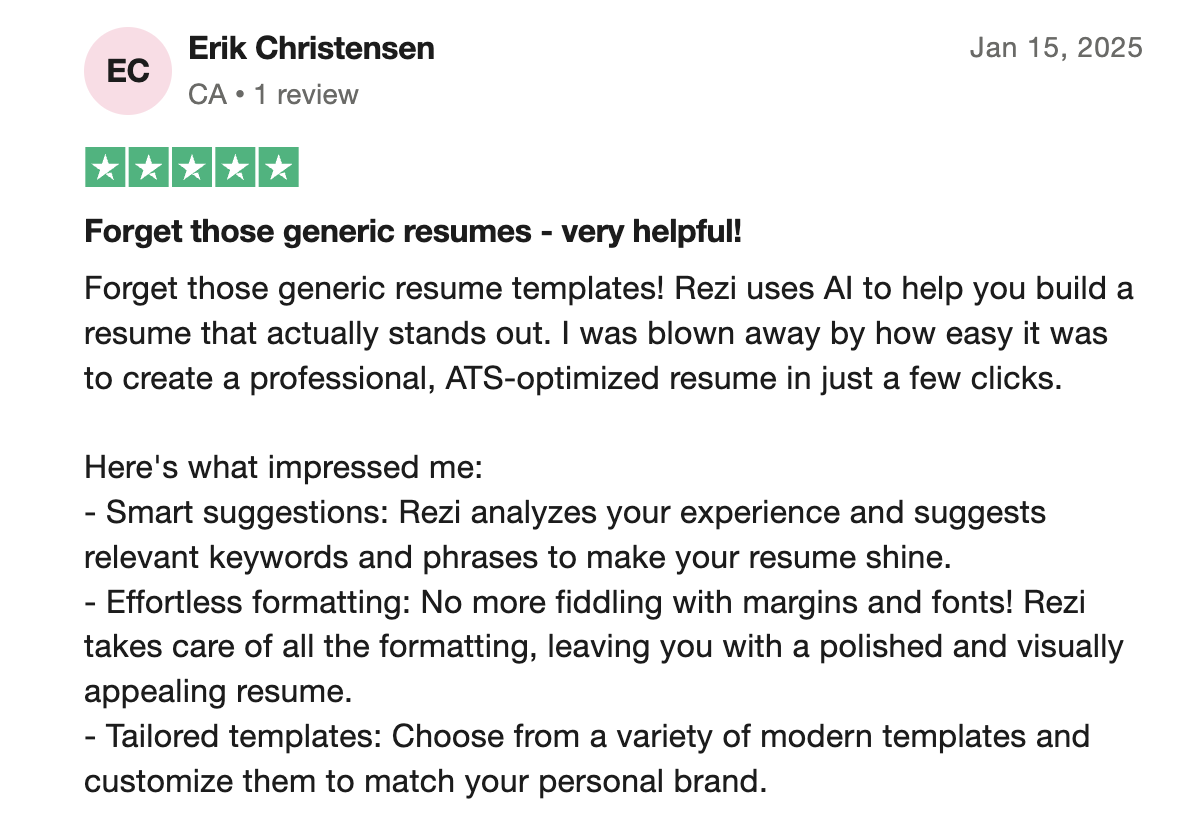 Rezi review on trustpilot