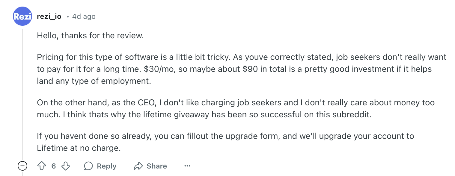 Reddit comment from the rezi ceo