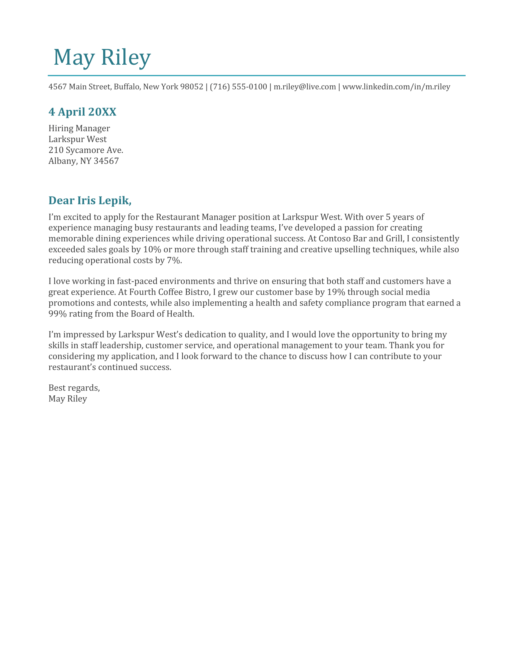Manager cover letter template