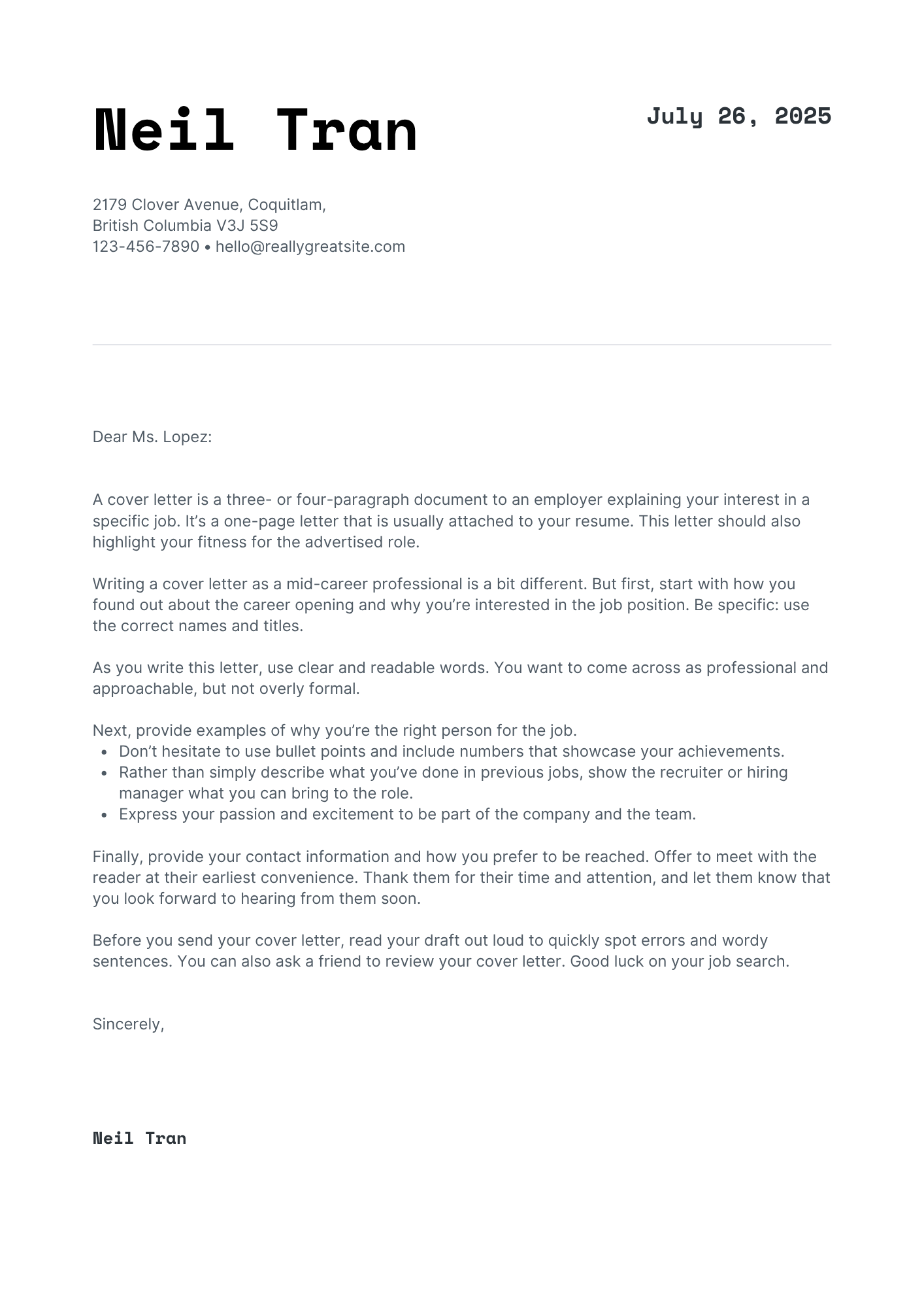 Black and white cover letter template