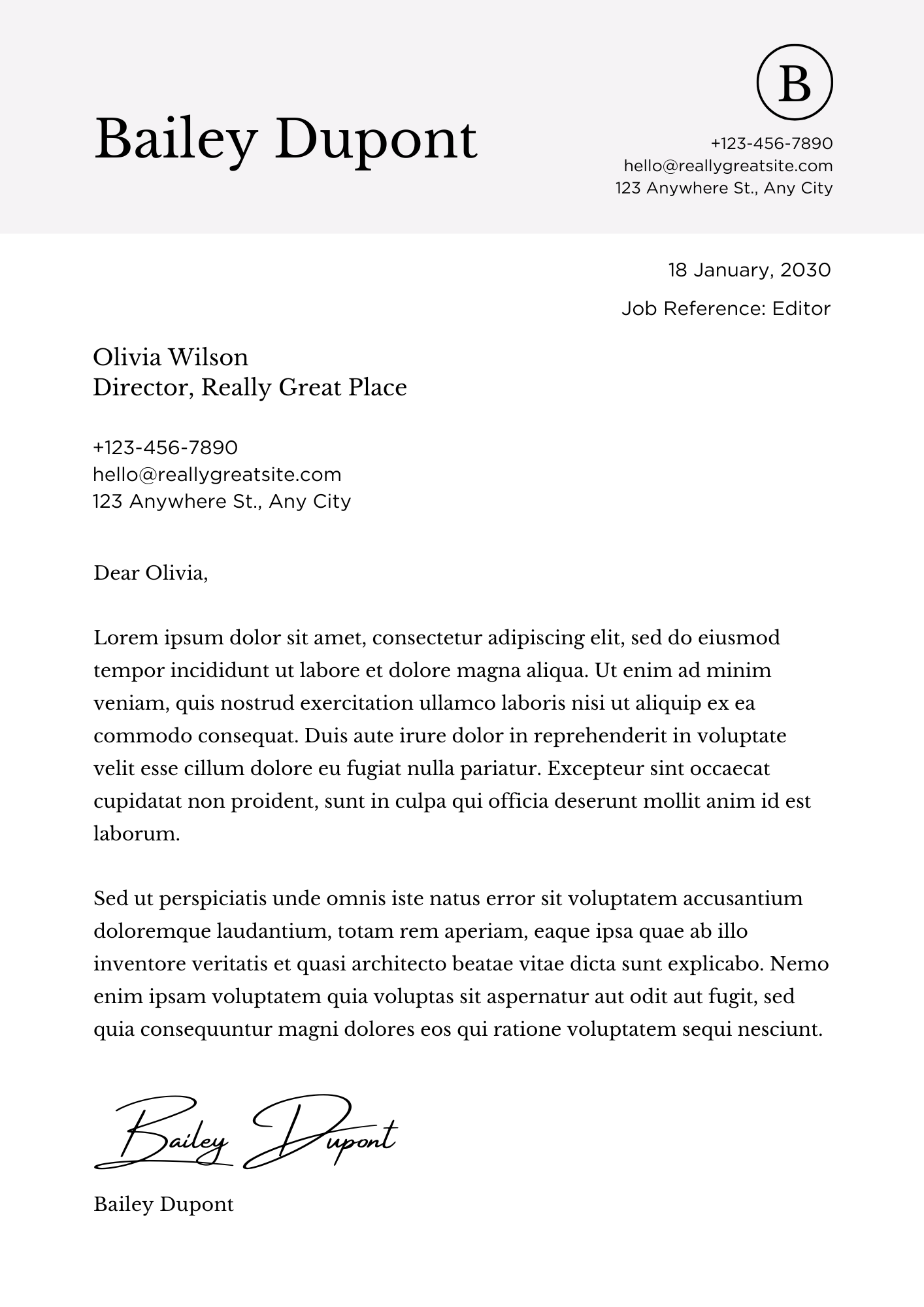 Minimalist cover letter template