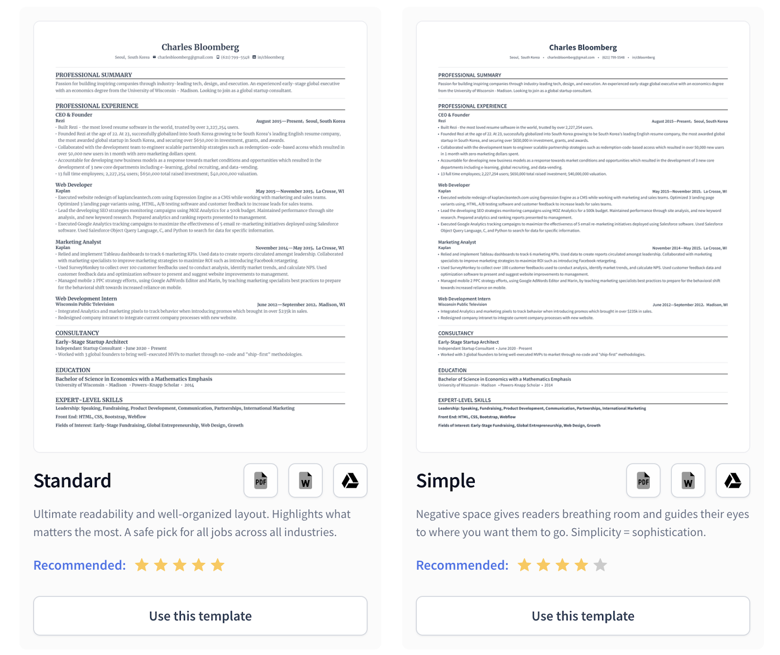 standard templates from rezi