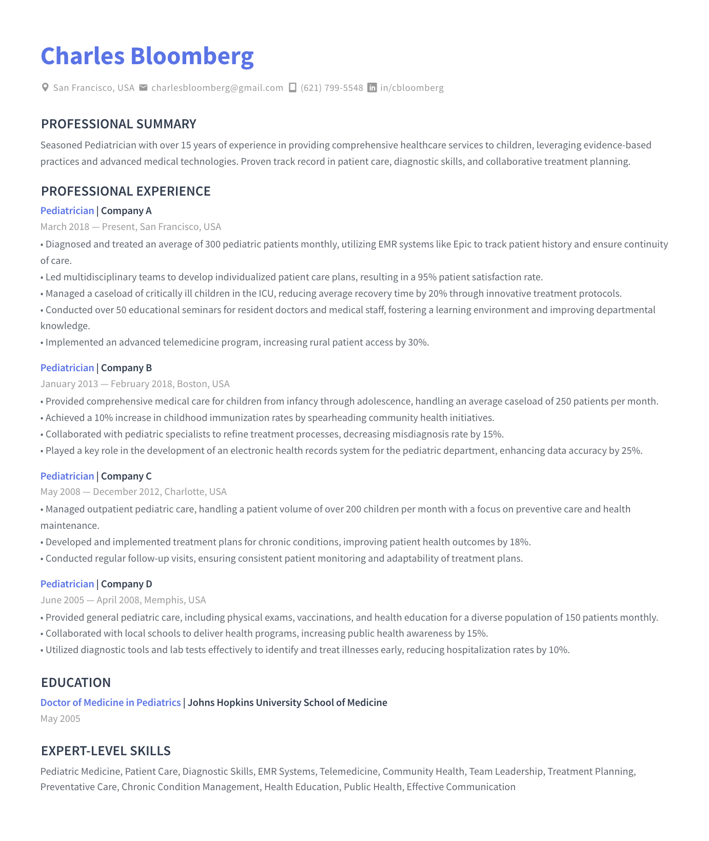 Pediatrician resume sample