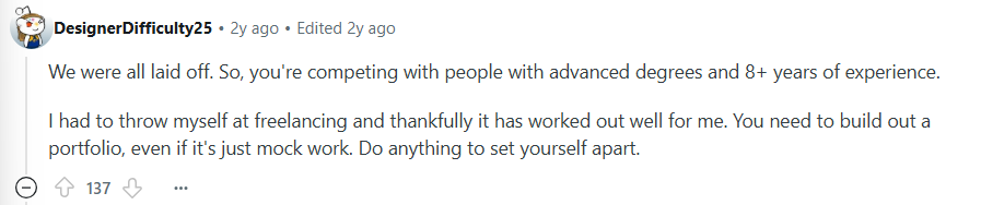 Reddit User talking about building a portfolio