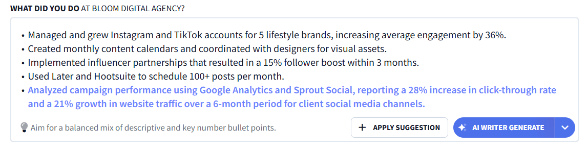 Bullet point the AI writer came up with for this resume