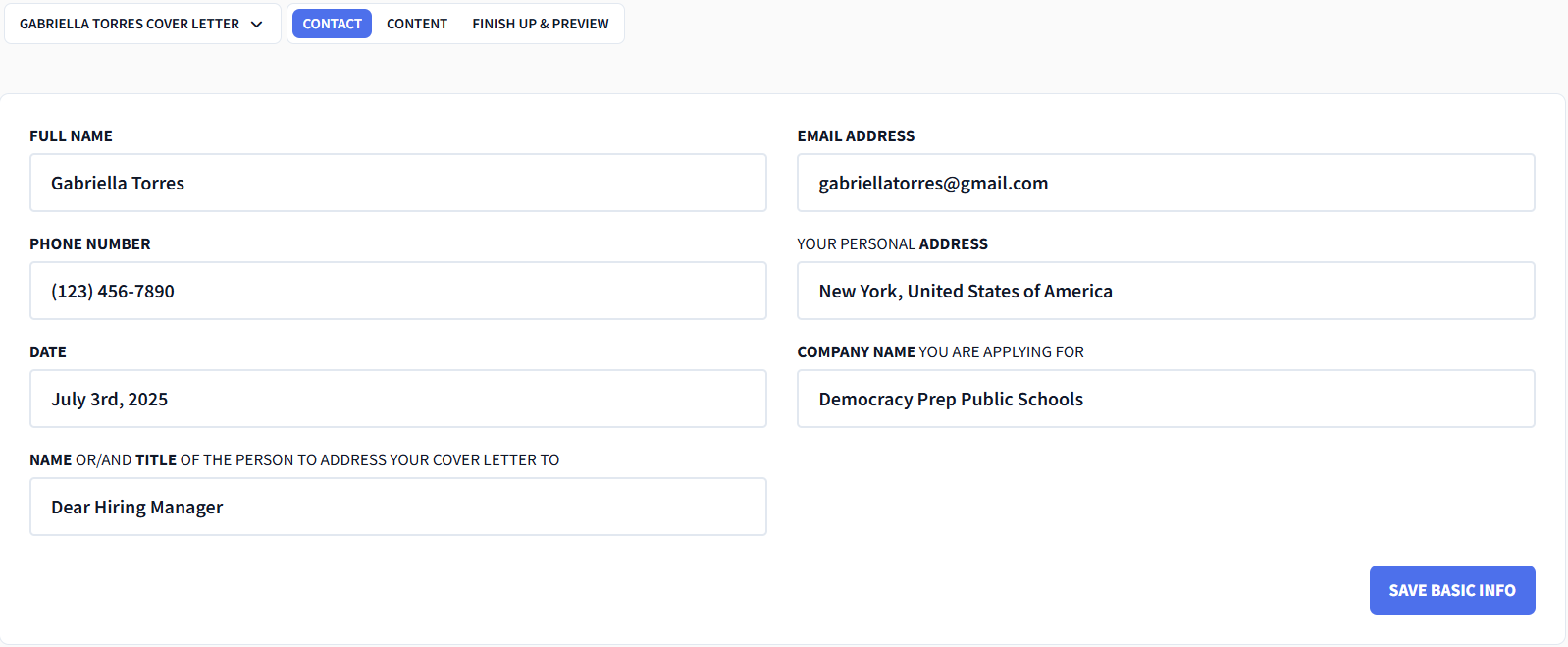 AI Cover Letter Header Section