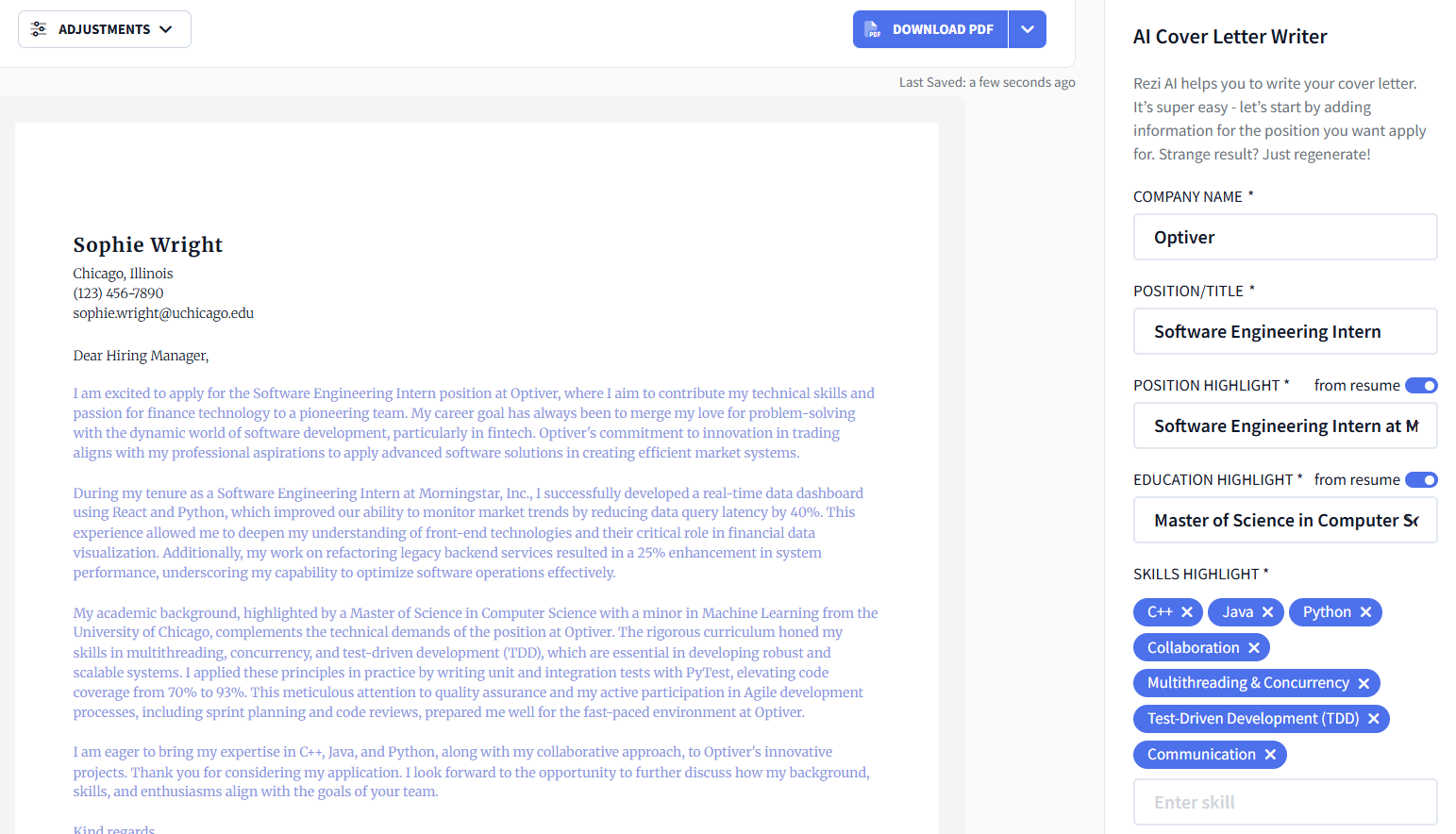 rezi ai Cover Letter writer