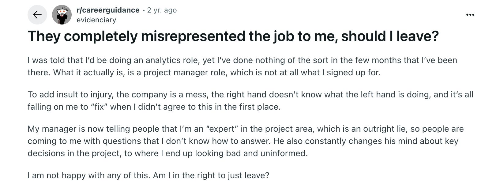 Reddit comment about job title not matching the actual work.