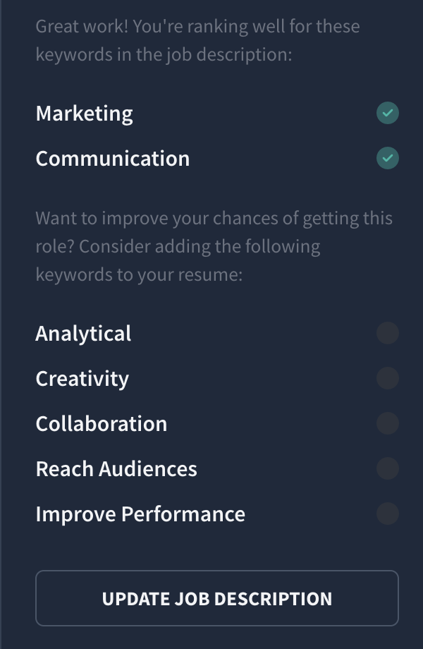 Rezi AI Keyword Targeting example for a marketing consultant job position