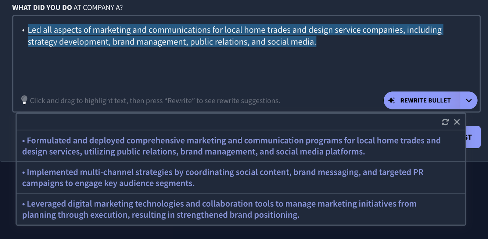 Rezi AI Bullet Point Editor example for a marketing consultant bullet point in the work experience section
