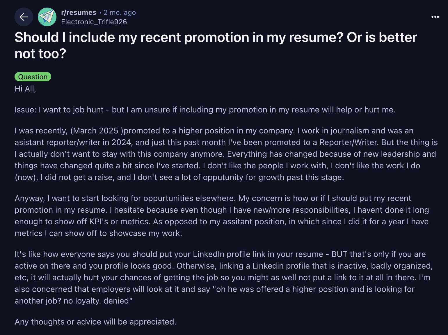 Reddit thread on a user questioning whether to include a recent promotion on their resume