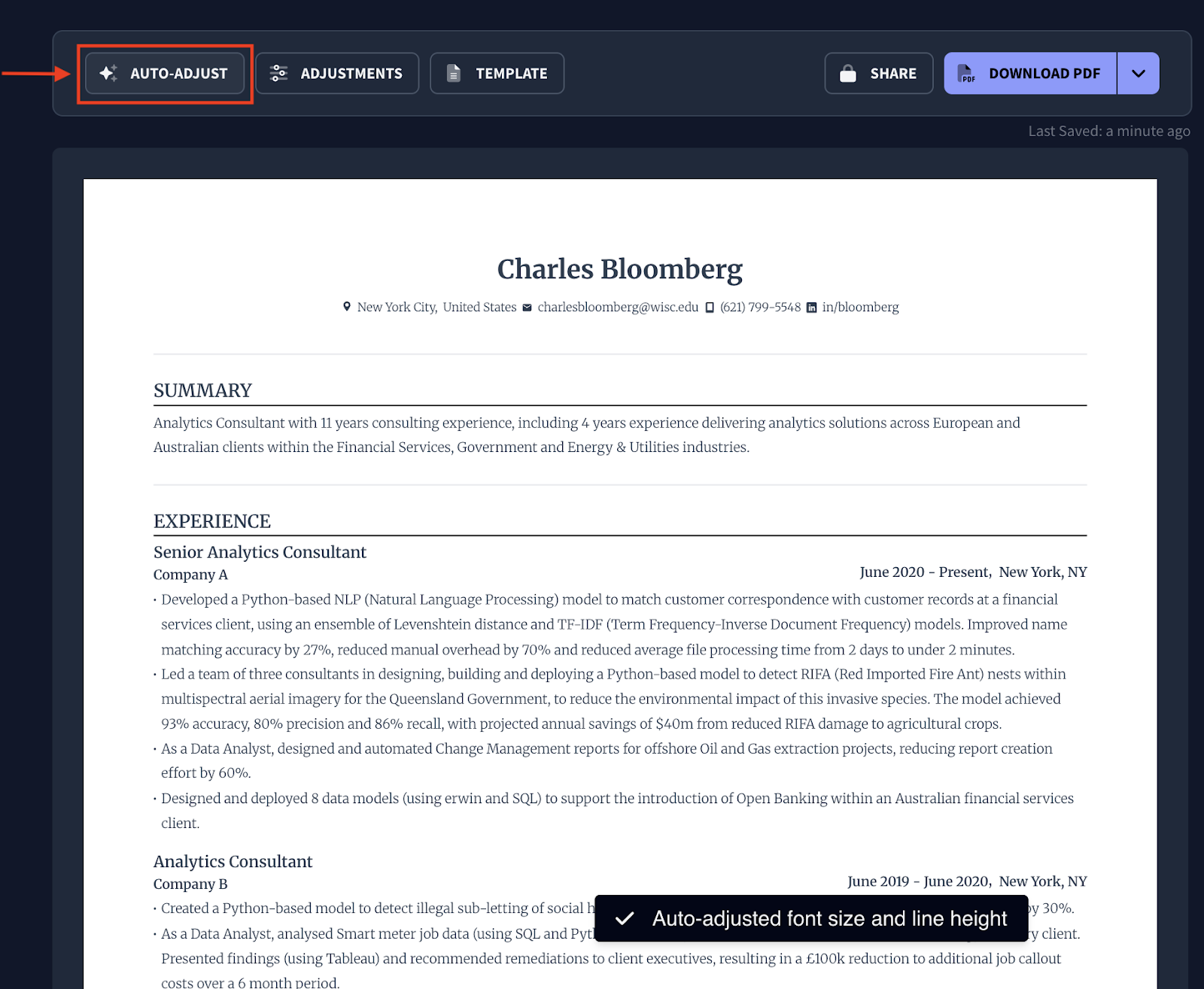 Showing the "auto-adjust" feature inside Rezi AI Resume Builder
