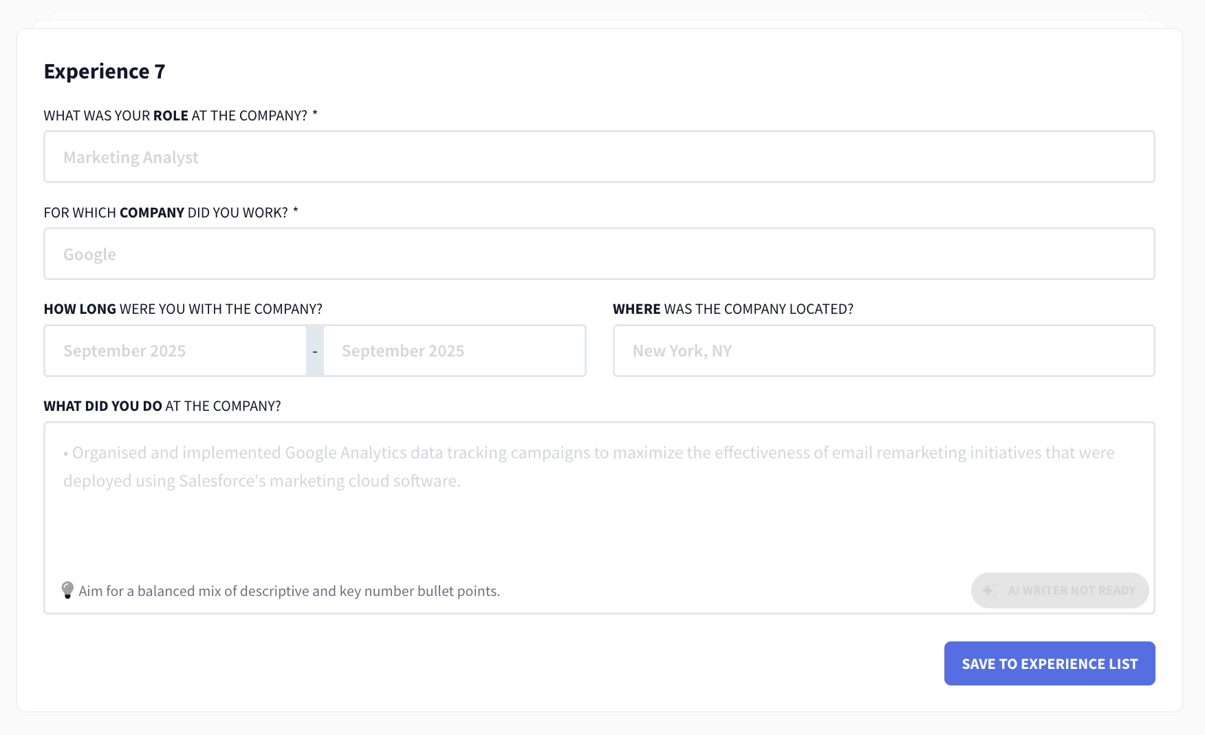 Rezi experience section