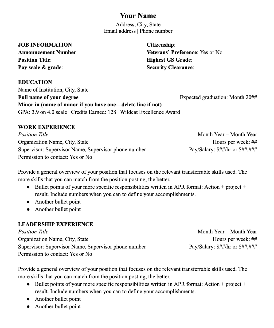 federal resume template