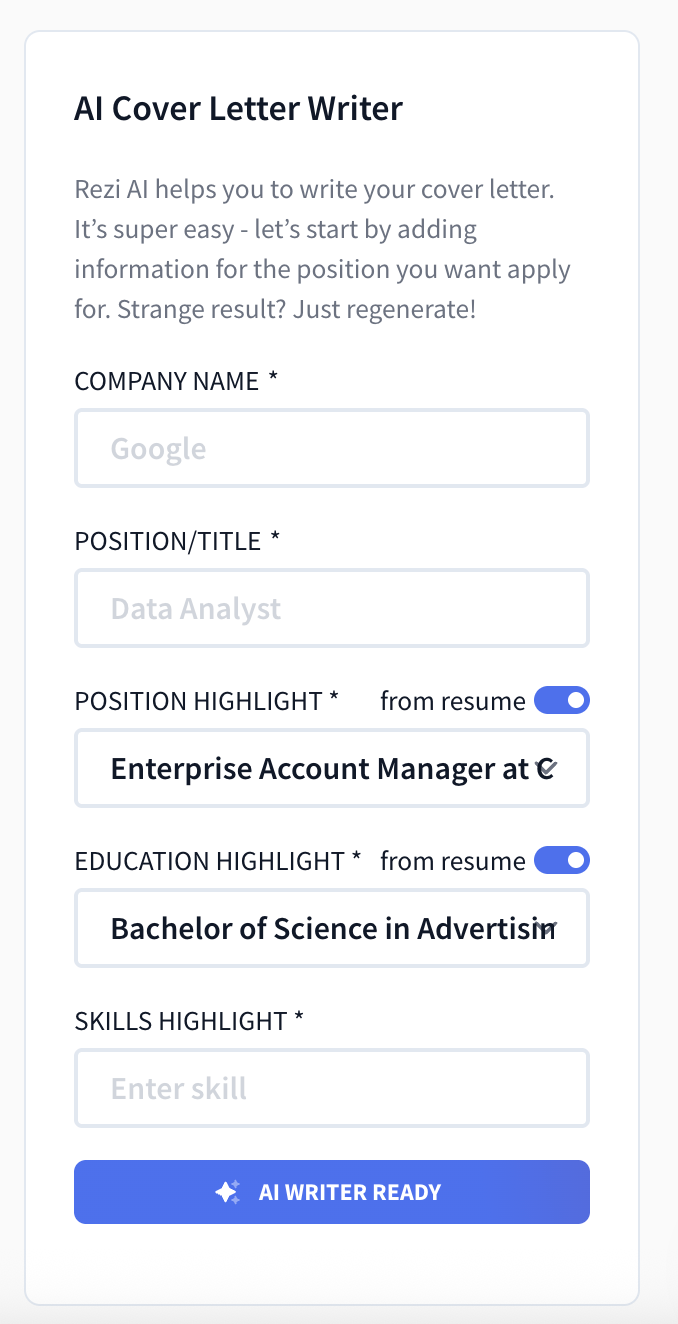 rezi ai cover letter writer