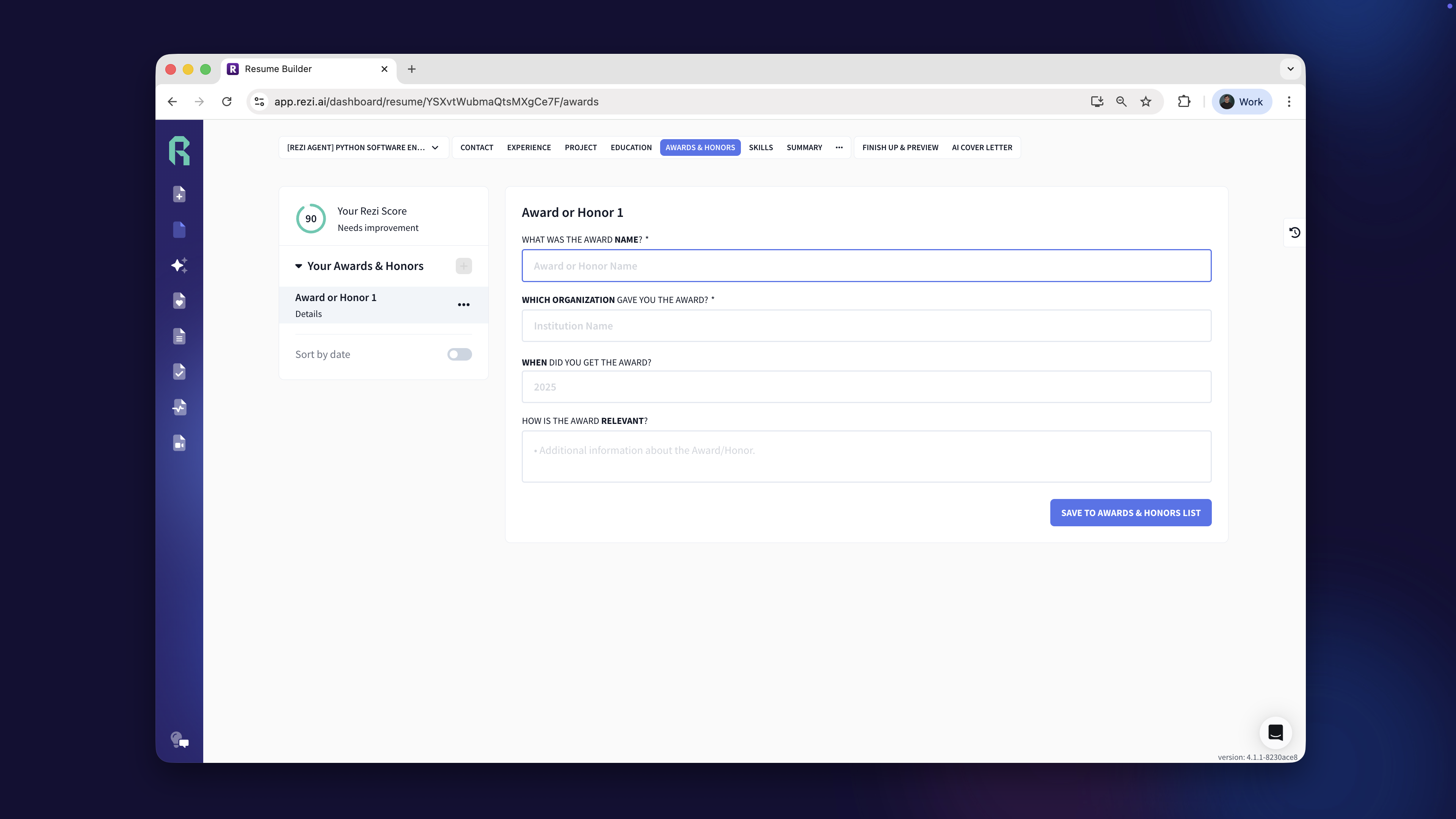 award section on Rezi