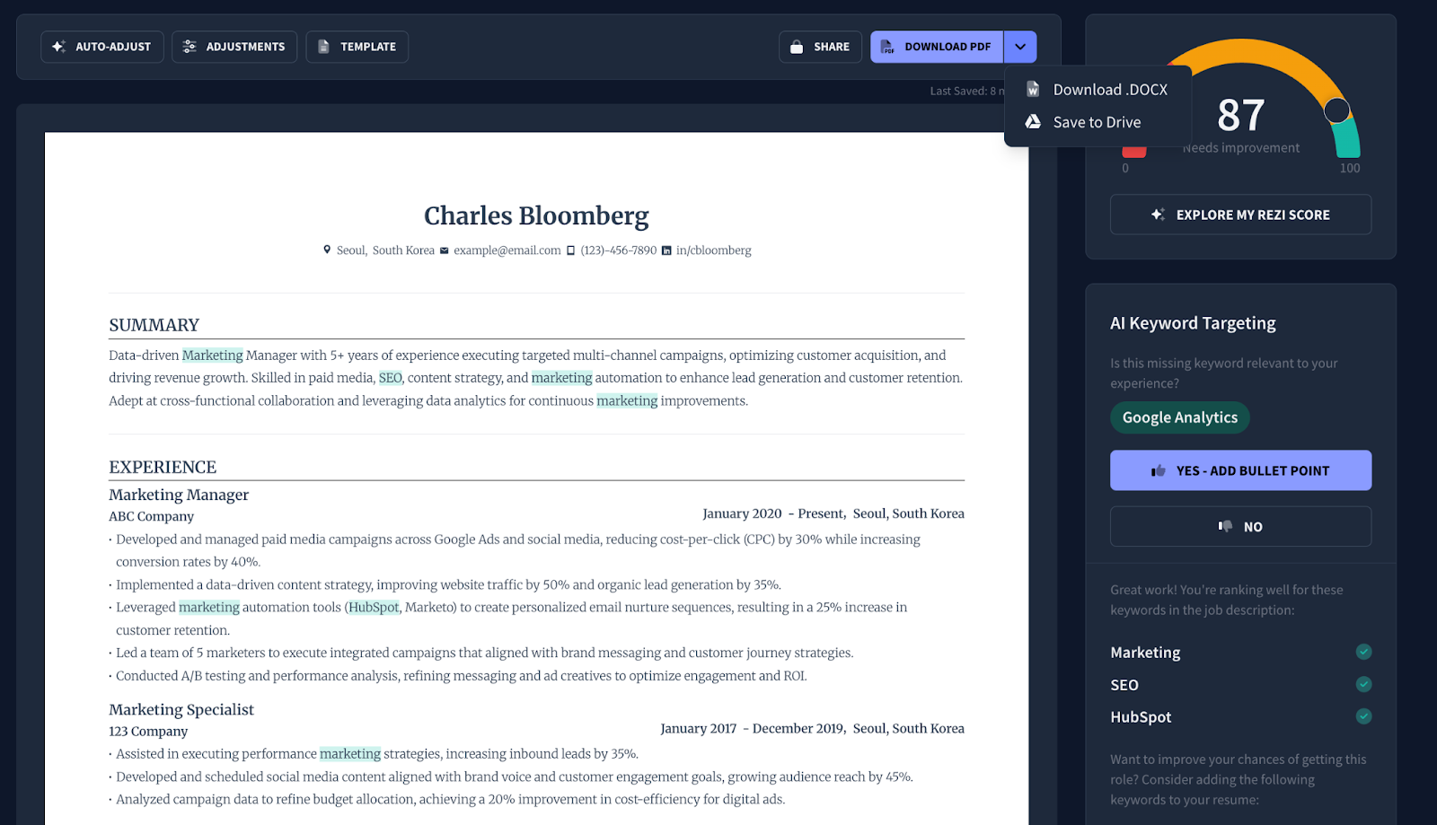 rezi resume builder dashboard