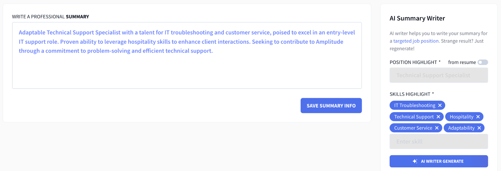 rezi resume summary generator